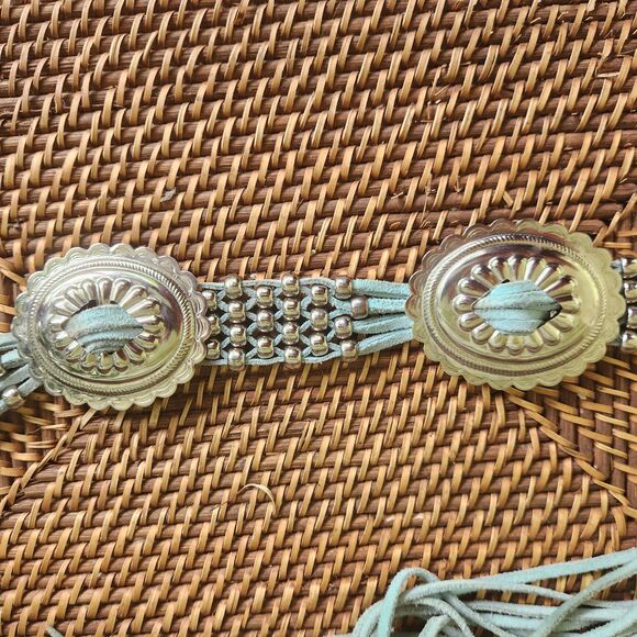 Vtg Silver-tone Conchos and Light Blue Suede Belt with Tassles and Silver Beads